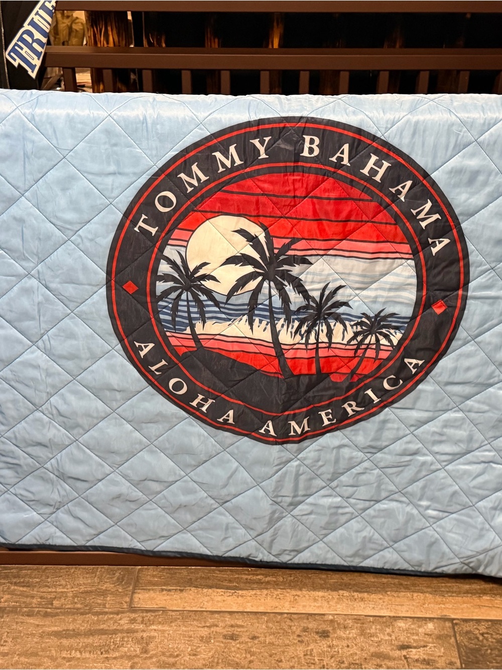 Tommy Bahama Light Blue Quilted Comforter with Red & Black Tropical Emblem